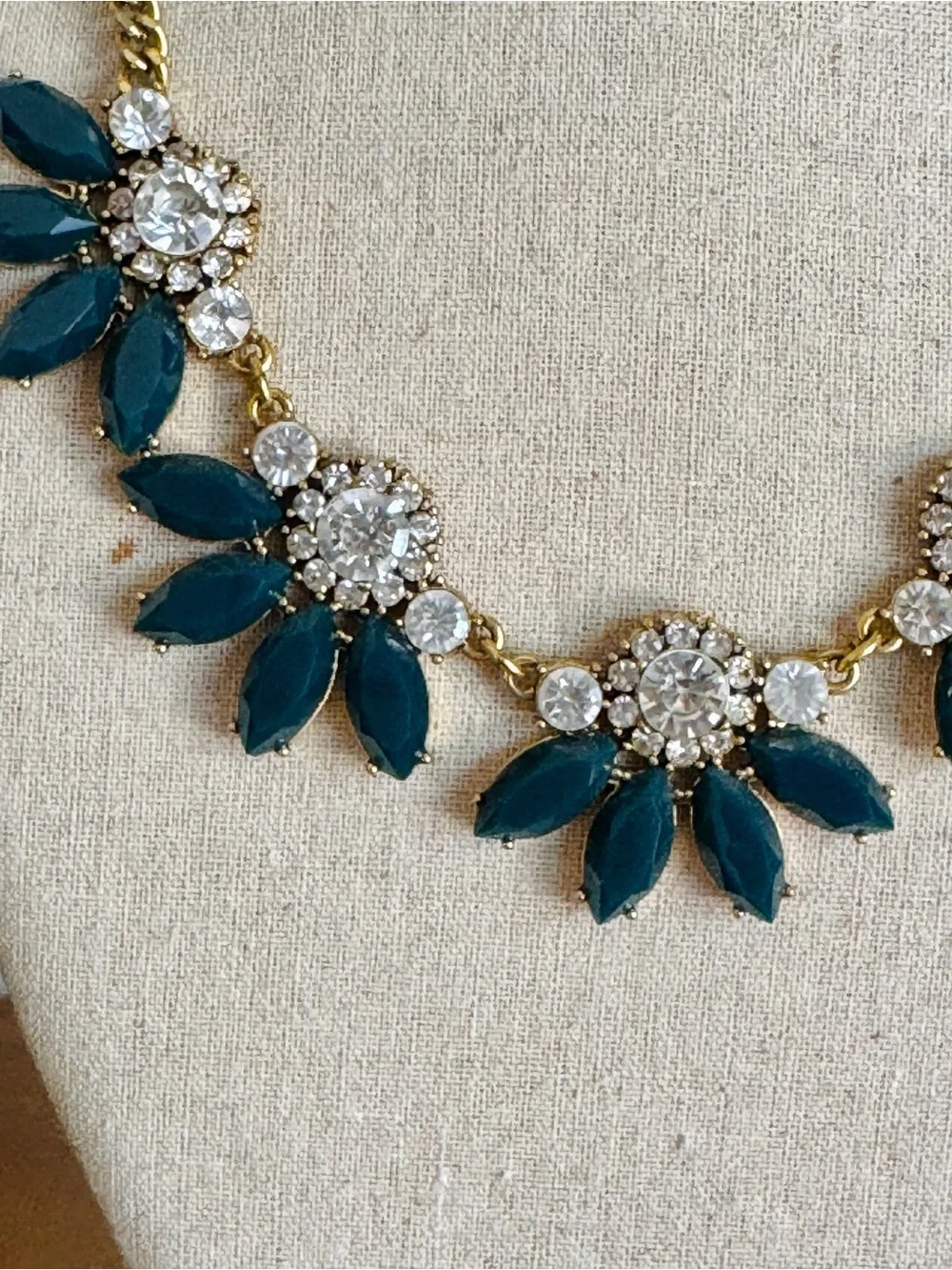 J.Crew Teal Crystal Rhinestone Floral Statement Necklace Gold Tone